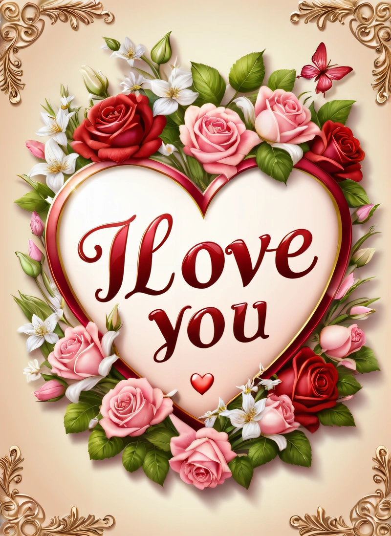 A heart with roses and a message i love you on it in the middle of a frame with a gold border and a red rose, love, a picture, lyco art