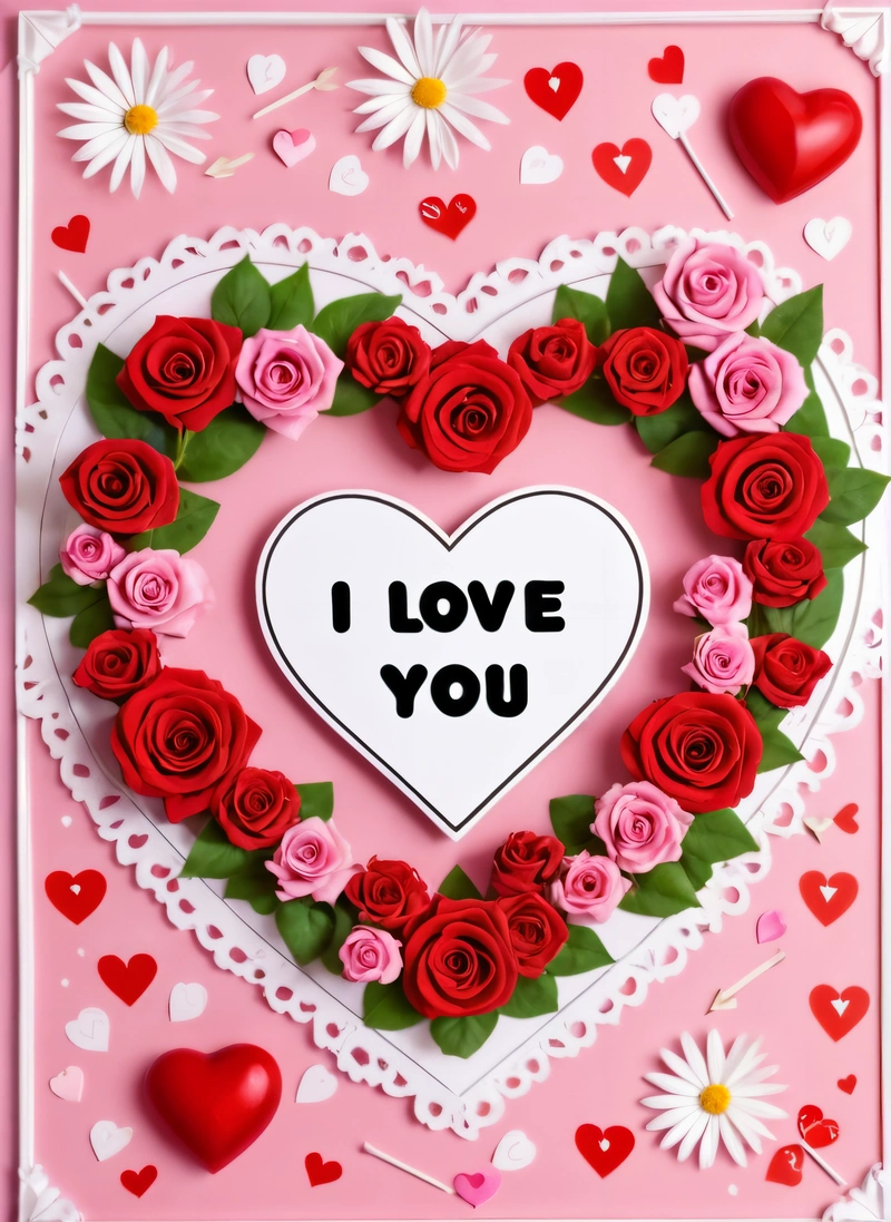 A heart shaped card with roses and a message i love you on it with a border of hearts and flowers on a pink background with daisies, love, a poster, romanticism