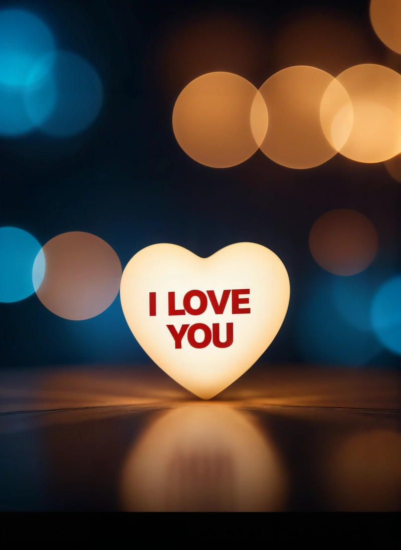 A heart shaped light with the words i love you on it in front of a blurry background of lights and boke boke, love, a stock photo, romanticism