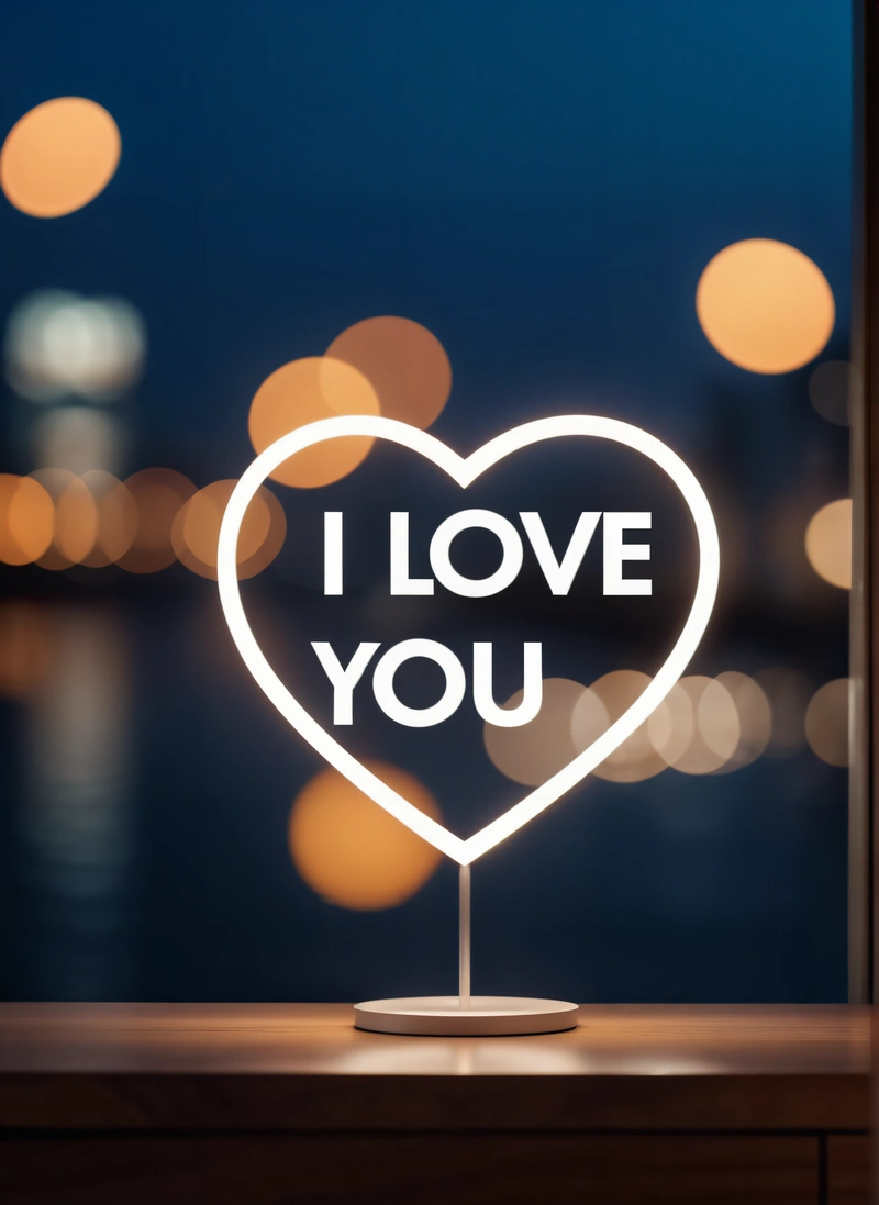 A heart shaped light up sign that says i love you on a window sill with boke lights in the background of a city, light effect, a 3d render, romanticism