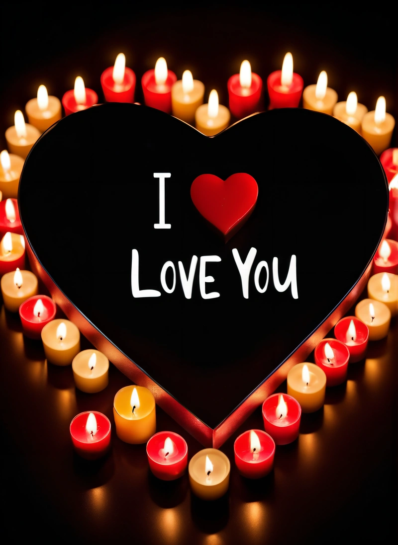 A heart with candles surrounding it with the words i love you written on it in a heart shape with a lit candle in the middle, love, a picture, lyco art