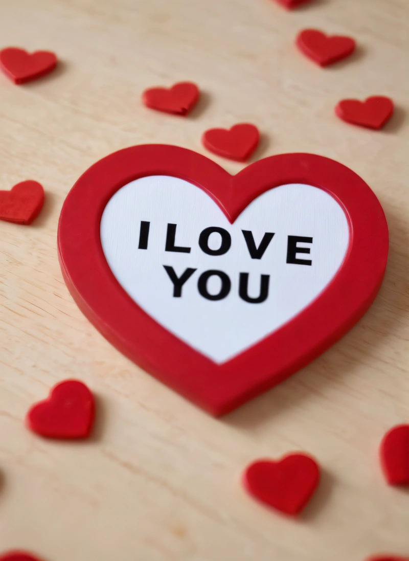A heart shaped magnet with the words i love you on it surrounded by hearts of red and white colors on a wooden surface with a message i love you, love, a 3d render, romanticism