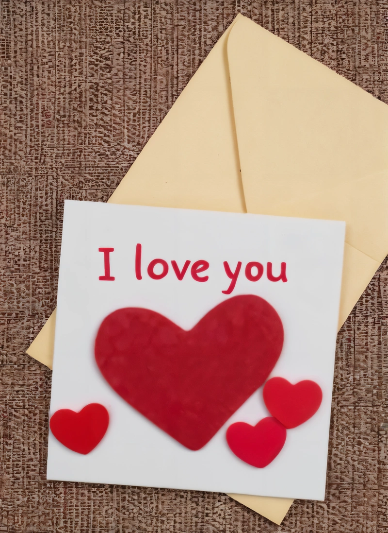 A card with a heart and two hearts on it, and a envelope with a note attached to it that says i love you on it, love, a digital rendering, mail art