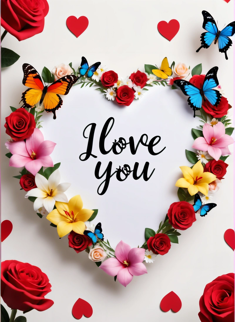 A heart shaped frame with flowers and butterflies around it with the words i love you written on it in a heart shape surrounded by red roses, love, a poster, lyco art