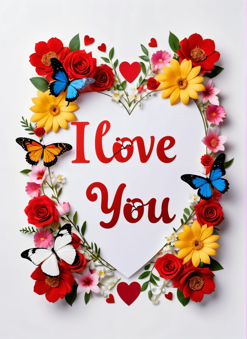 A heart shaped paper with flowers and butterflies around it that says i love you on a white background with a pink border around the heart, love, a poster, lyco art