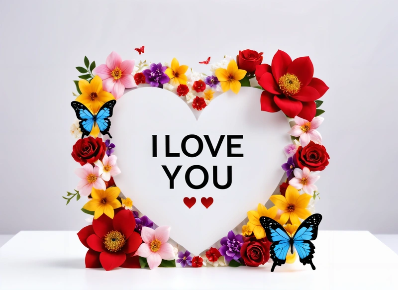 A heart shaped frame with flowers and a butterfly on it that says i love you on a white background with a white backdrop and a black butterfly, love, a picture, lyco art