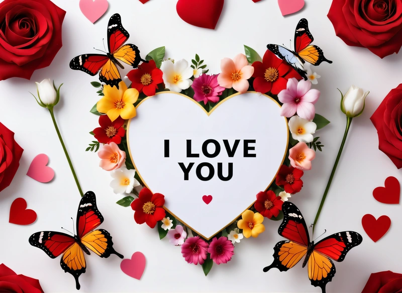 A heart shaped frame with flowers and butterflies surrounding it with the words i love you written on it in a heart surrounded by red and white roses, love, a picture, romanticism