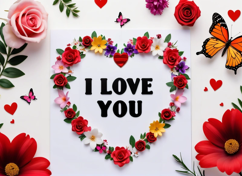 A heart shaped frame with flowers and butterflies surrounding it with the words i love you written on it in a heart shape surrounded by flowers, love, a picture, romanticism