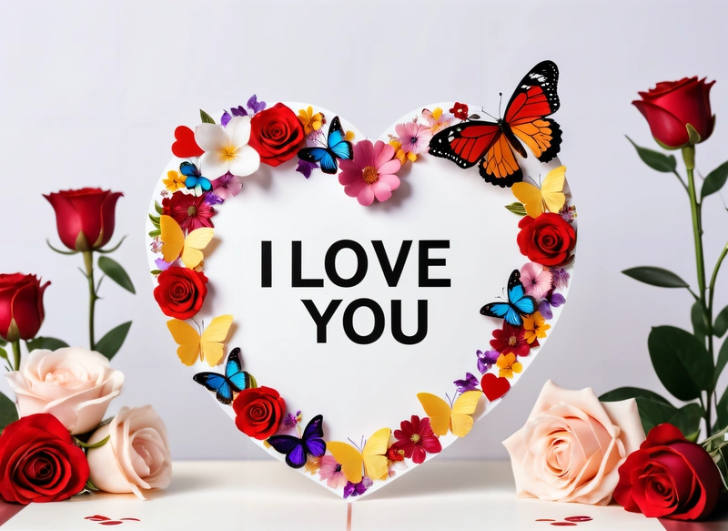 A heart shaped sign with a butterfly and flowers around it that says i love you on a white background with roses and butterflies around it, love, a cross stitch, lyco art