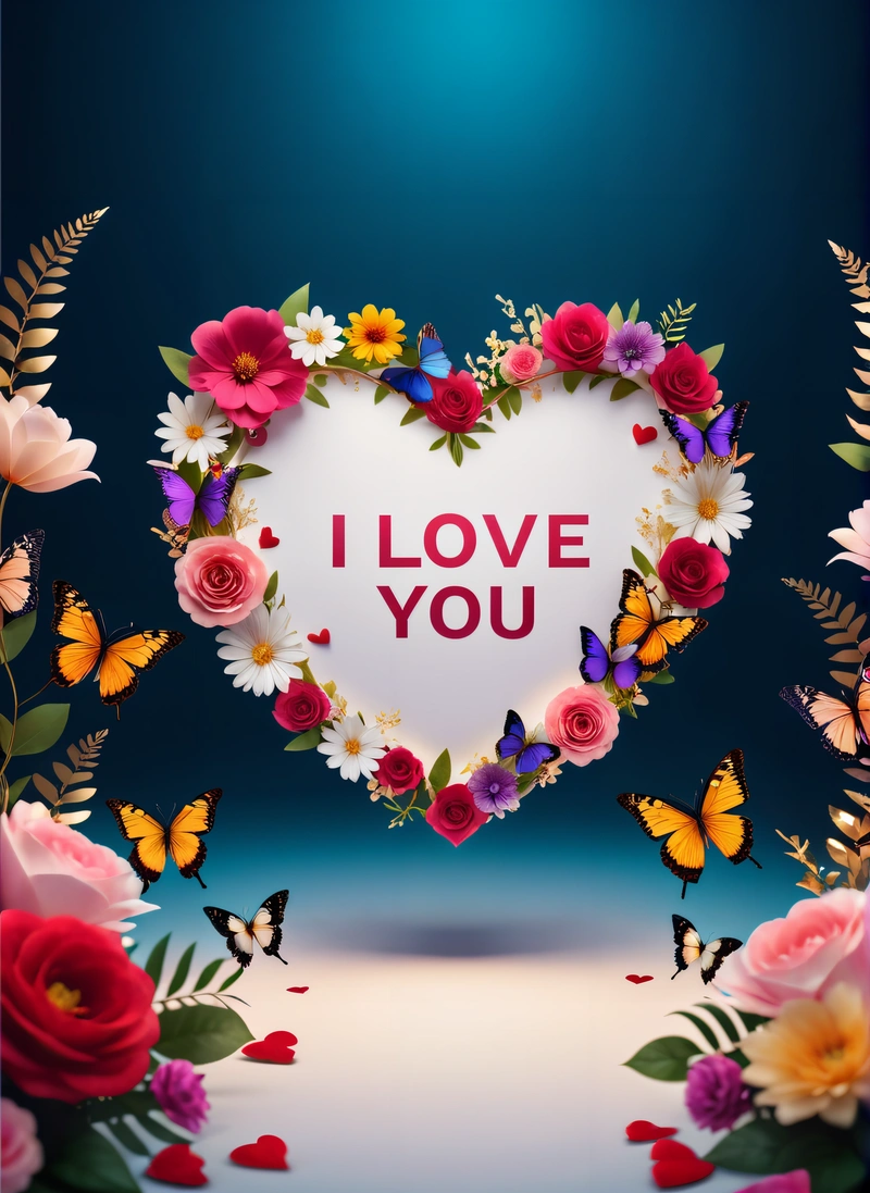 A heart shaped frame with flowers and butterflies around it with the words i love you written on it in the center of the frame is a blue background, love, a digital rendering, lyco art