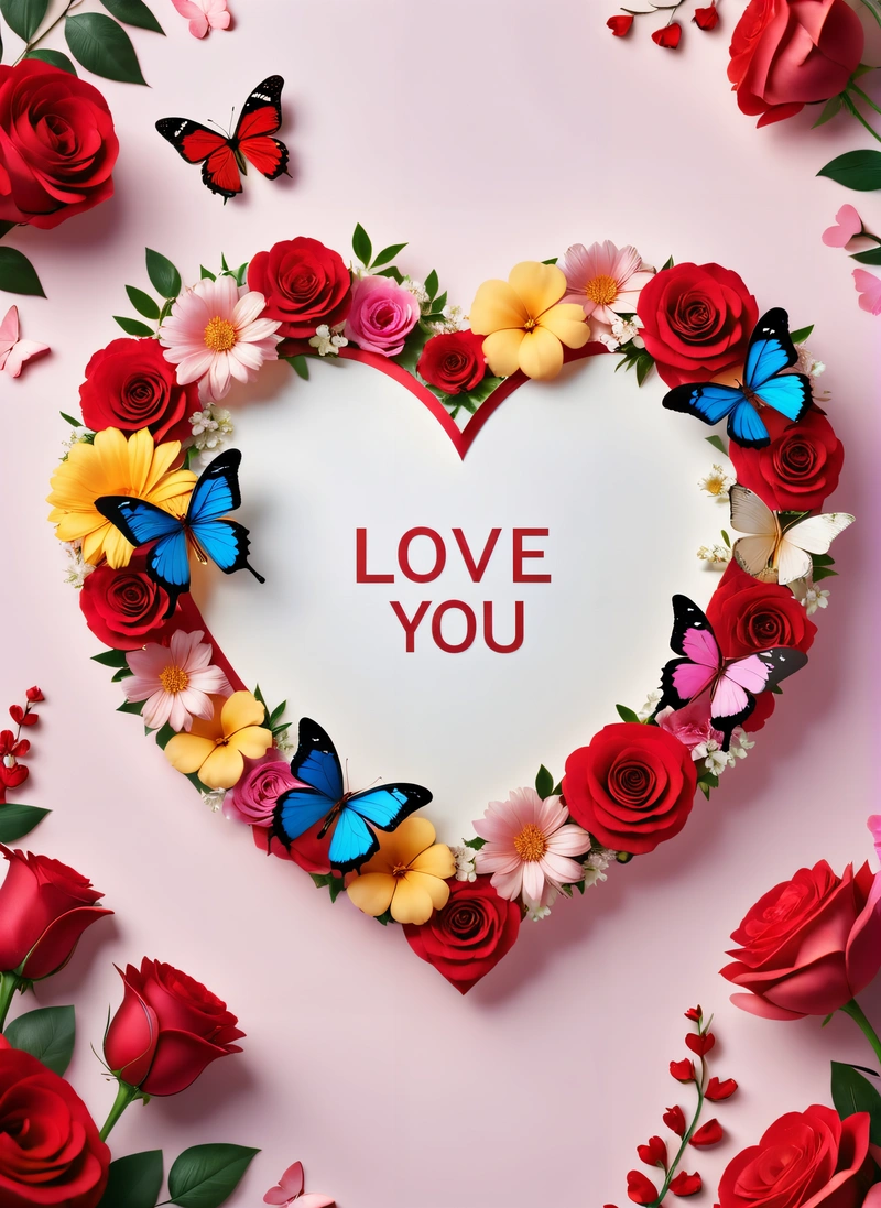 A heart shaped frame with flowers and butterflies surrounding it with the words love you written on it in a center of the heart surrounded by red roses, love, a picture, lyco art