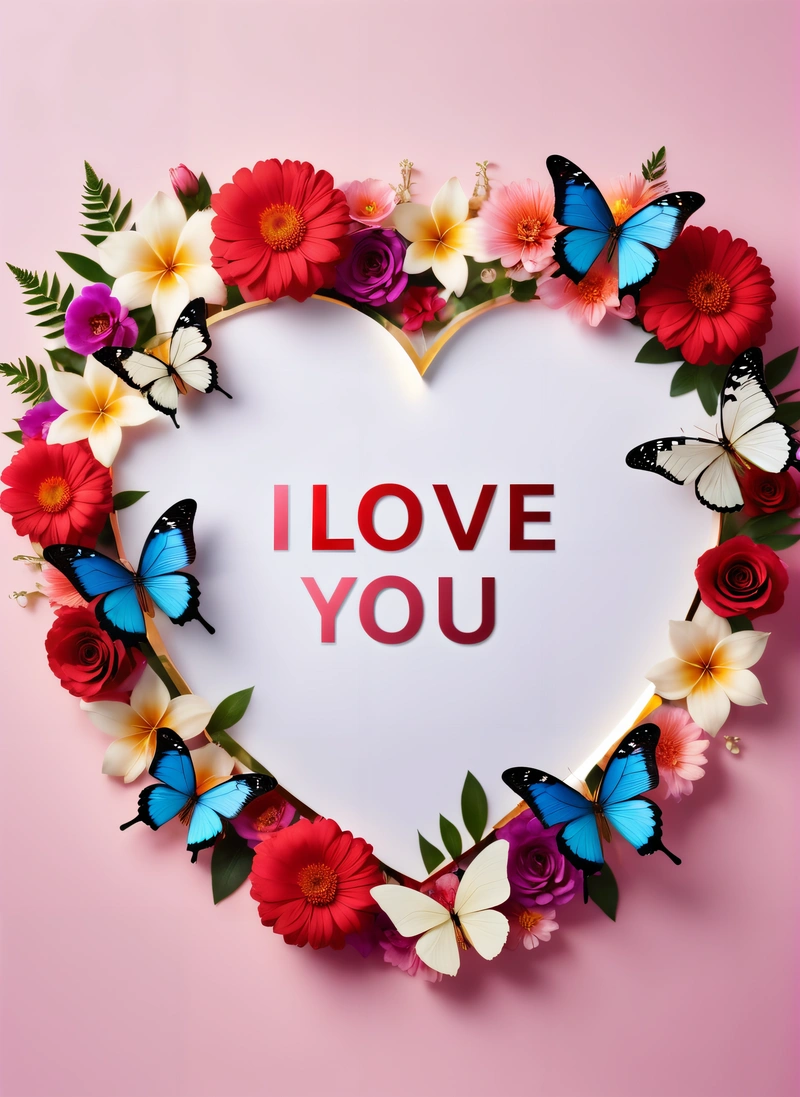 A heart shaped frame with flowers and butterflies around it that says i love you on a pink background with a pink border and a red heart, love, a poster, lyco art