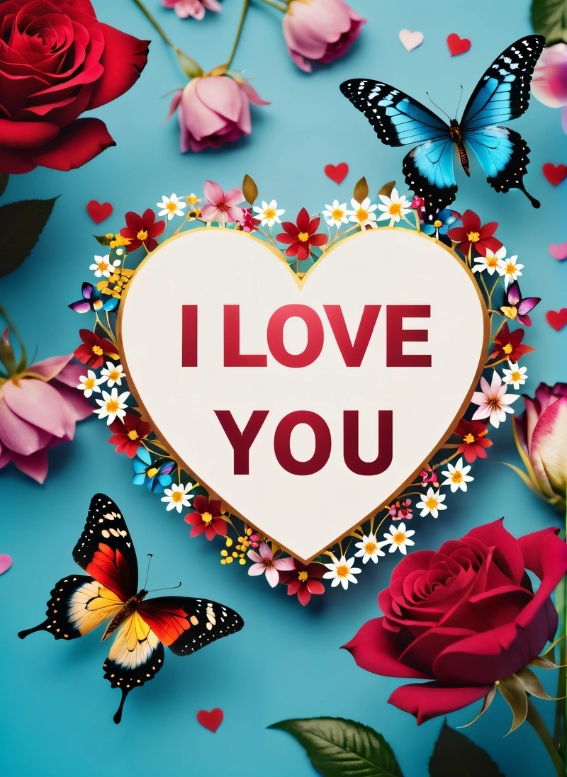 A heart shaped sign with a message i love you surrounded by flowers and butterflies on a blue background with red roses and butterflies around it, love, a cross stitch, lyco art