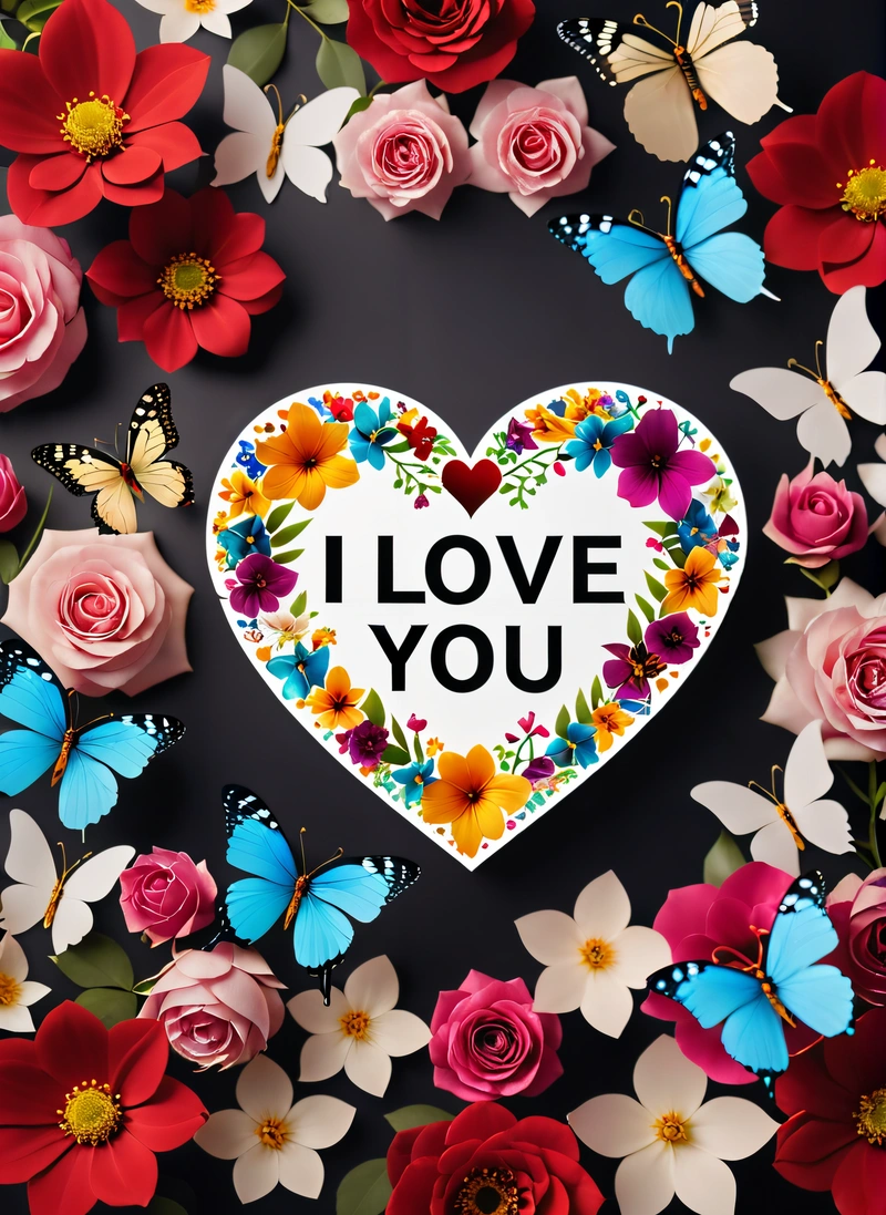 A heart surrounded by flowers and butterflies with the words i love you written on it in the center of the heart is a butterfly and a butterfly, love, a picture, lyco art