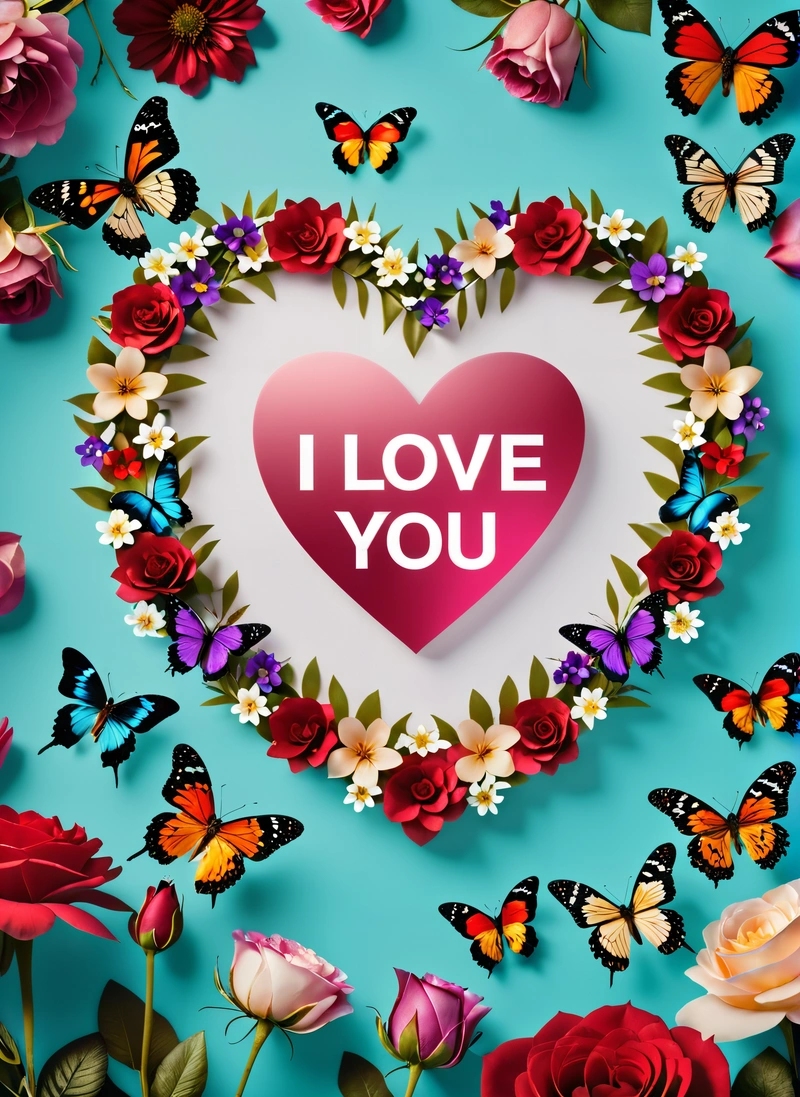 A heart surrounded by flowers and butterflies with the words i love you written on it in the center of the heart is a pink rose, love, a picture, lyco art