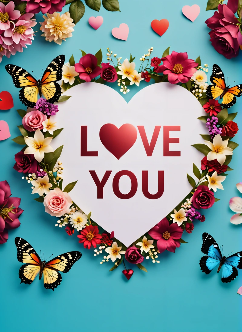 A heart with flowers and butterflies surrounding it with the words love you written on it in a heart surrounded by butterflies and flowers on a blue background, love, a 3d render, lyco art