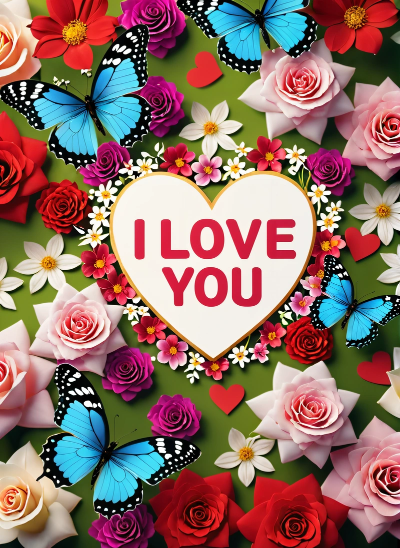 A heart surrounded by flowers and butterflies with the words i love you written on it in a heart surrounded by butterflies and flowers with the words i love, love, a digital rendering, romanticism