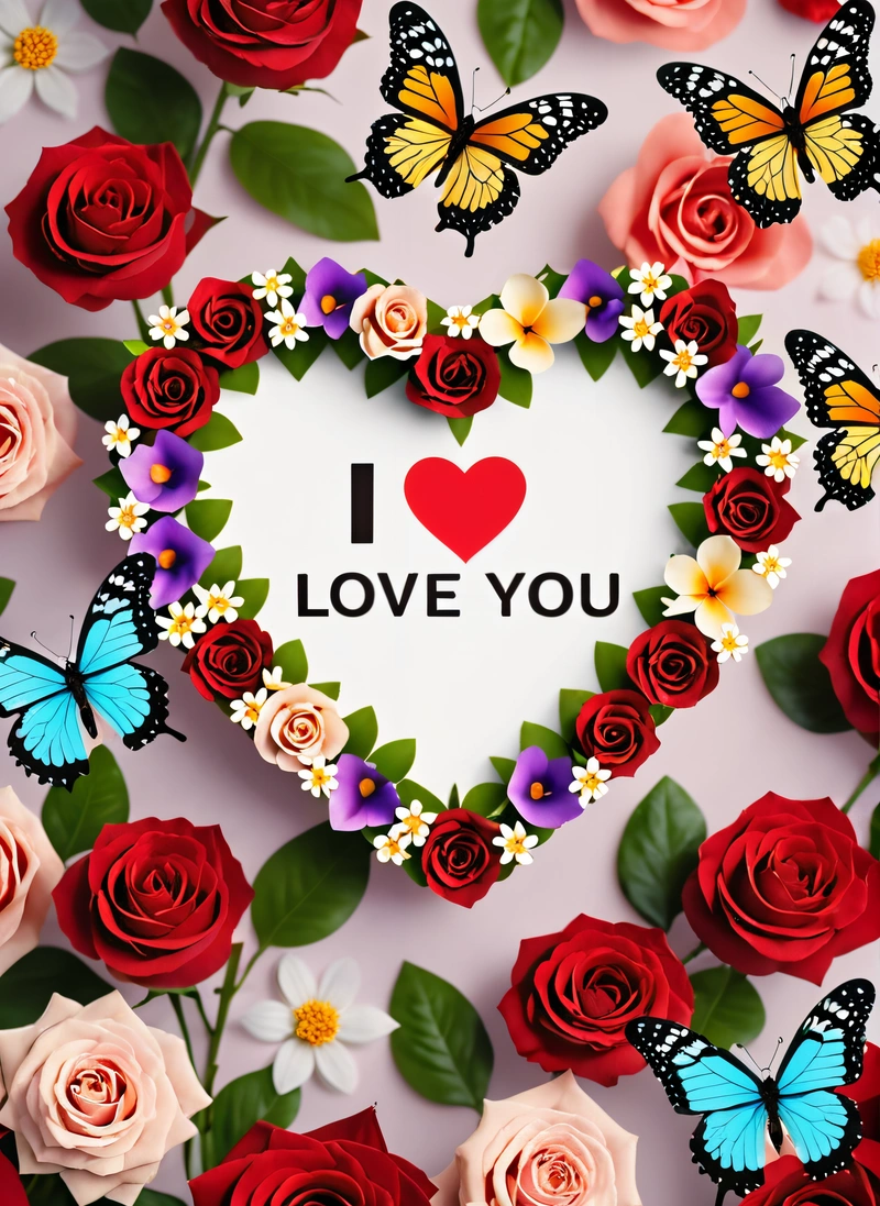 A heart shaped frame with roses and butterflies surrounding it with the words i love you written on it in a heart surrounded by butterflies and flowers, love, a picture, romanticism
