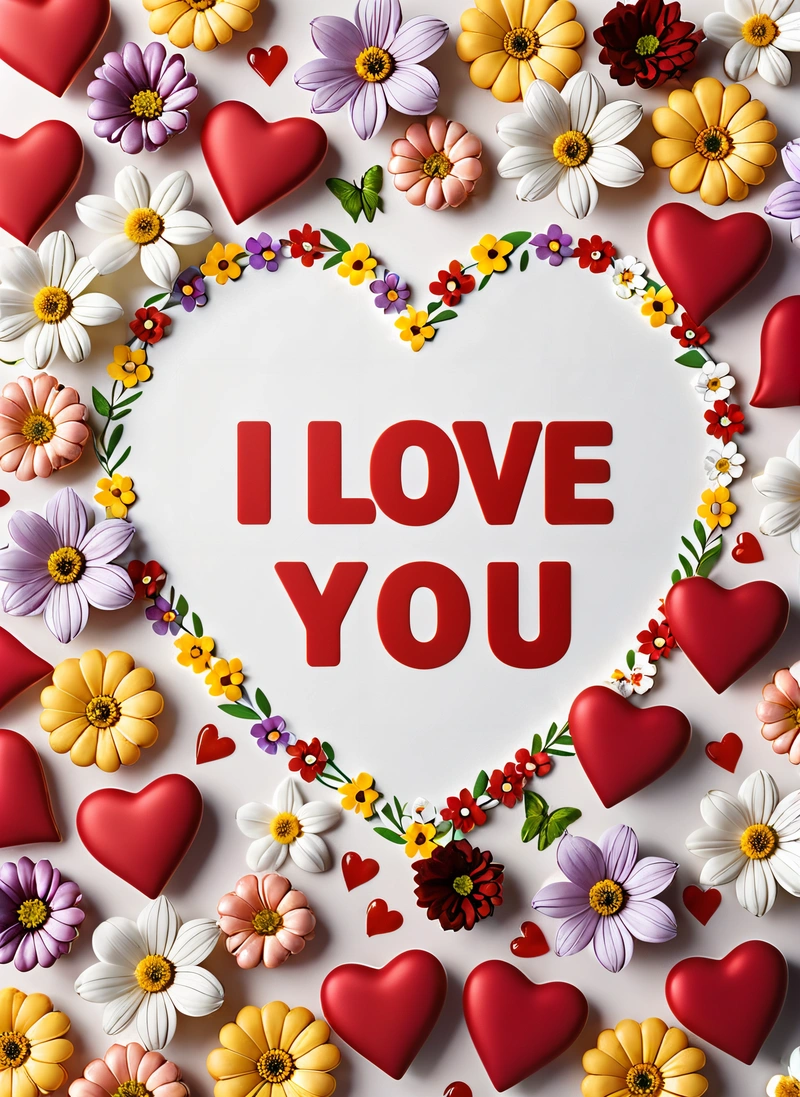 A heart surrounded by flowers and hearts with the words i love you written on it in the center of the heart is surrounded by smaller hearts, love, a picture, lyco art