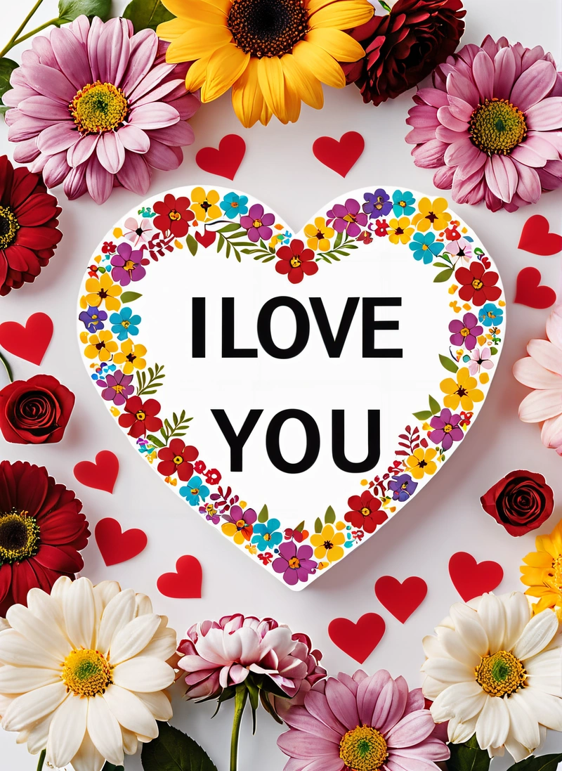 A heart shaped paper with flowers surrounding it and the words i love you written on it in a center of hearts and flowers on a white background, love, a cross stitch, romanticism
