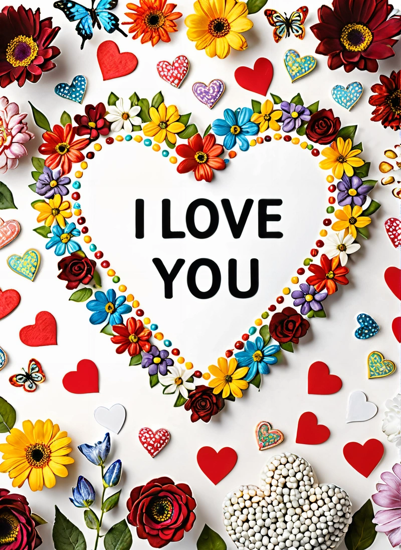 A heart shaped frame with flowers and hearts around it with the words i love you written on it in black ink on a white background, love, a cross stitch, naive art