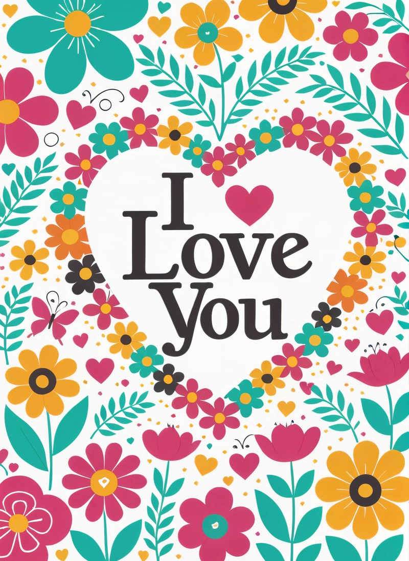 A card with a heart surrounded by flowers and leaves with the words i love you on it in a floral frame with a heart in the center, love, a cross stitch, folk art