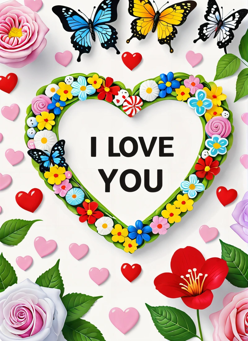 A heart shaped frame with flowers and butterflies surrounding it with the words i love you written in the center of the heart surrounded by hearts, love, a cross stitch, naive art