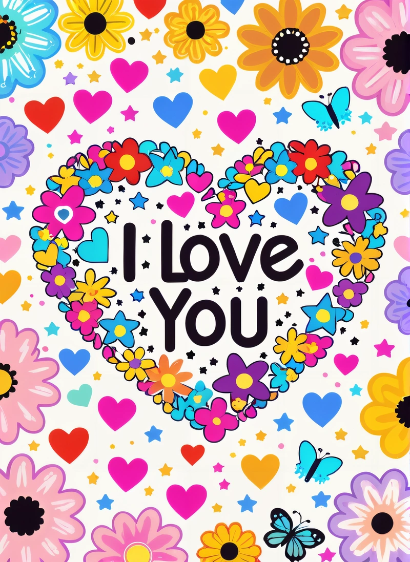 A colorful heart with the words i love you surrounded by flowers and butterflies in the center of the heart is the words i love you, love, a child's drawing, naive art