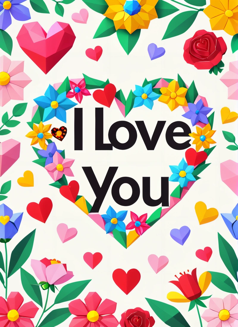 A card with a heart surrounded by flowers and hearts with the words i love you on it in a heart surrounded by flowers and hearts, love, vector art, international typographic style