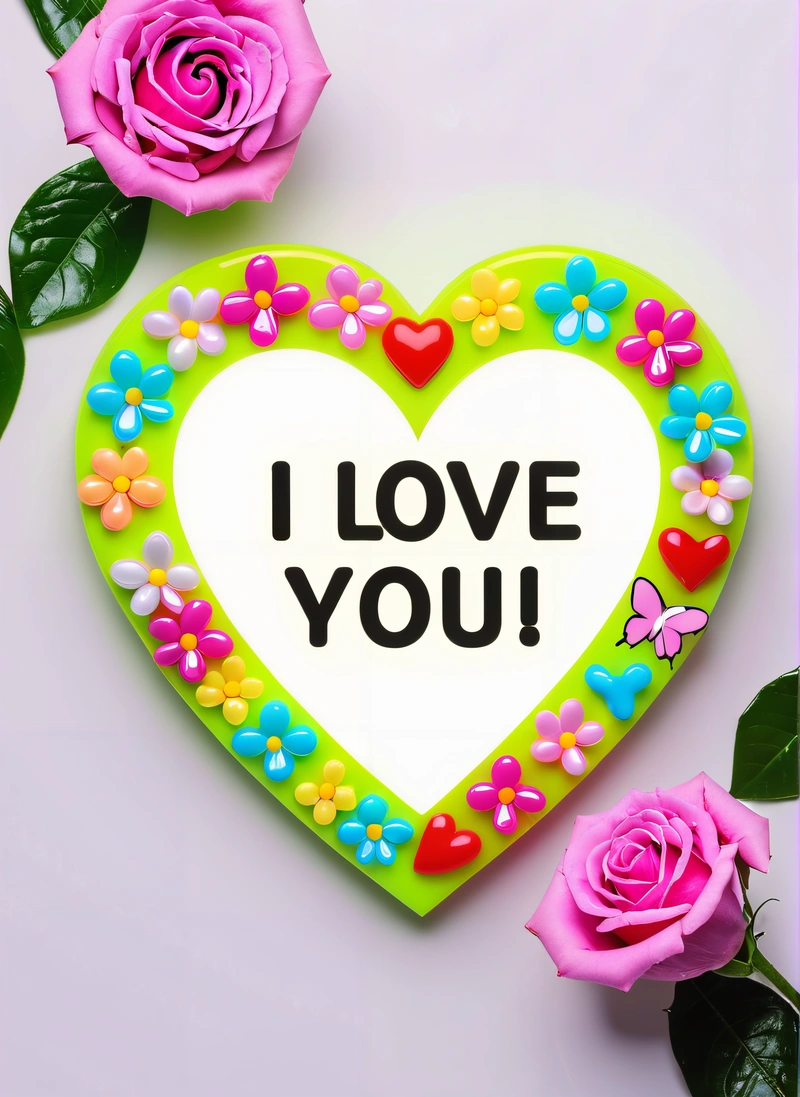 A heart shaped cookie with a message on it and flowers around it on a white background with a pink rose and green leaves on the side, love, a cross stitch, naive art