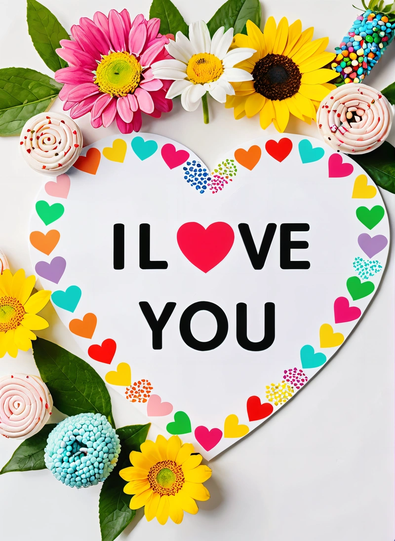 A heart shaped paper with flowers and a message i love you on it that says i love you on it and surrounded by flowers and leaves, love, a cross stitch, romanticism
