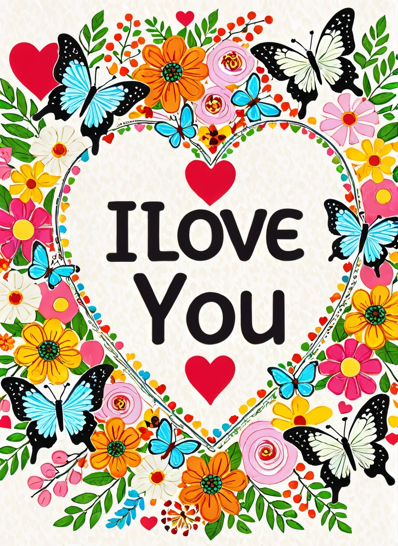 A heart with butterflies and flowers around it that says i love you on a white background with a floral border in the center of the heart, love, a cross stitch, folk art
