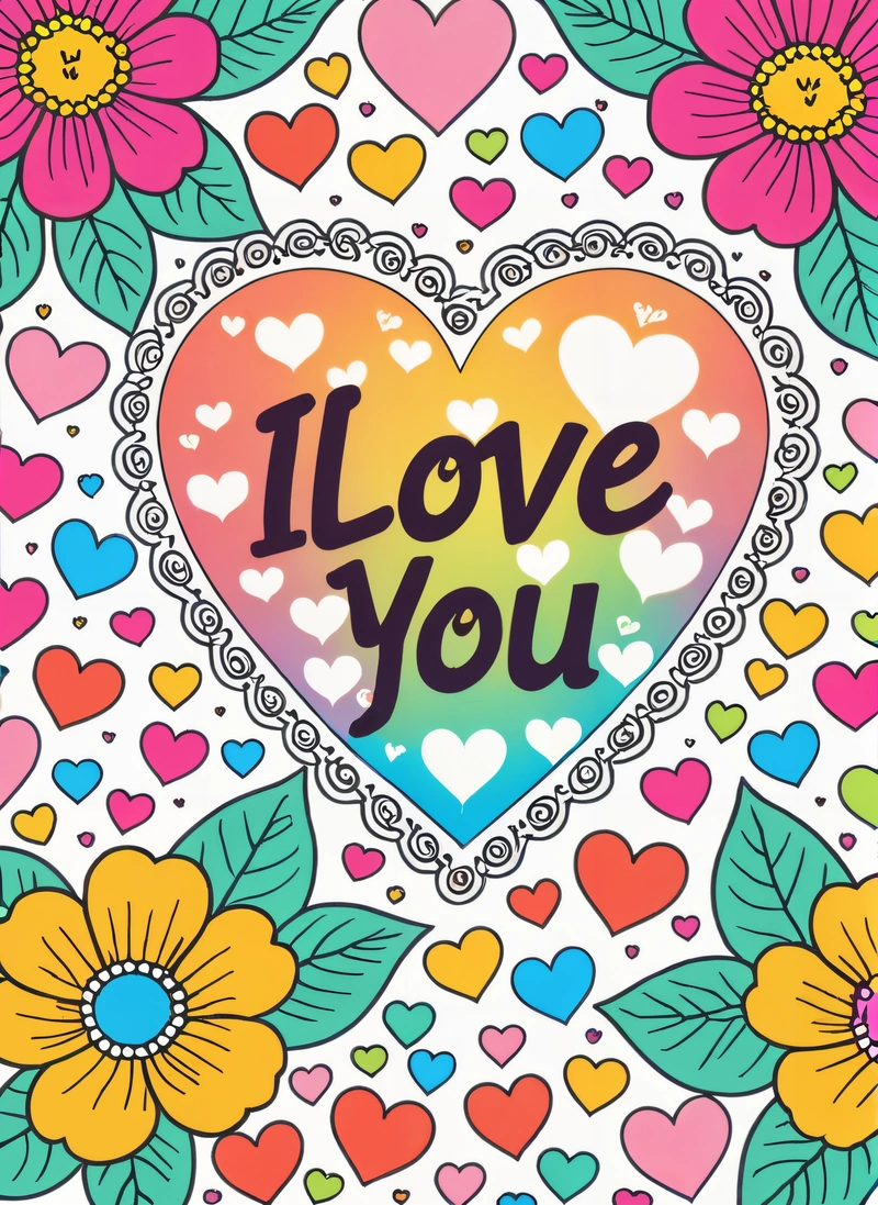 A heart with the words i love you surrounded by hearts and flowers on a white background with a rainbow - colored background and a flower, love, a child's drawing, naive art