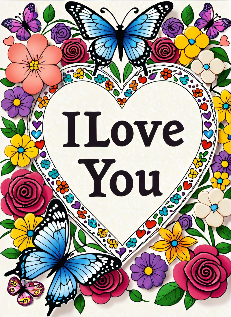 A heart with flowers and butterflies on it with the words i love you written in the center of the heart and butterflies around the heart, love, a cross stitch, folk art