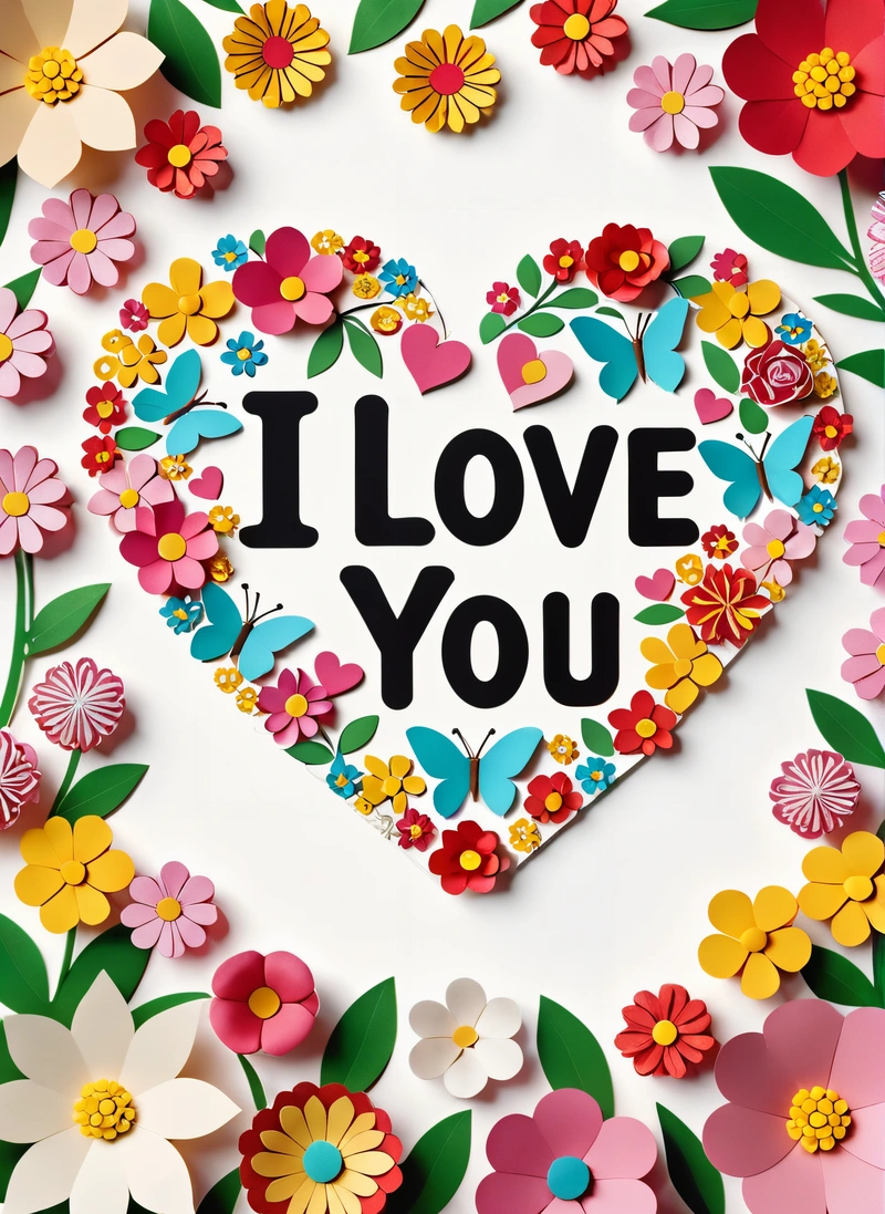 A paper heart with the words i love you surrounded by flowers and butterflies in the shape of a heart with the words i love you, love, a cross stitch, folk art