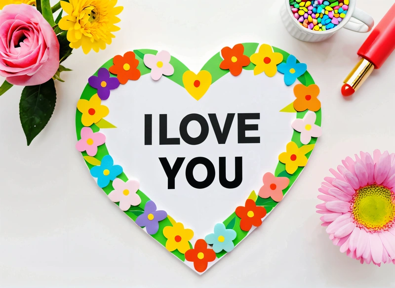 A heart shaped paper with the words i love you surrounded by flowers and a cup of coffee and a pen and a flower pot with a flower, love, a cross stitch, lyco art
