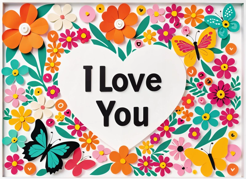 A paper heart with the words i love you surrounded by flowers and butterflies in the center of the heart is a white card with a black lettering i love you, love, a silk screen, folk art