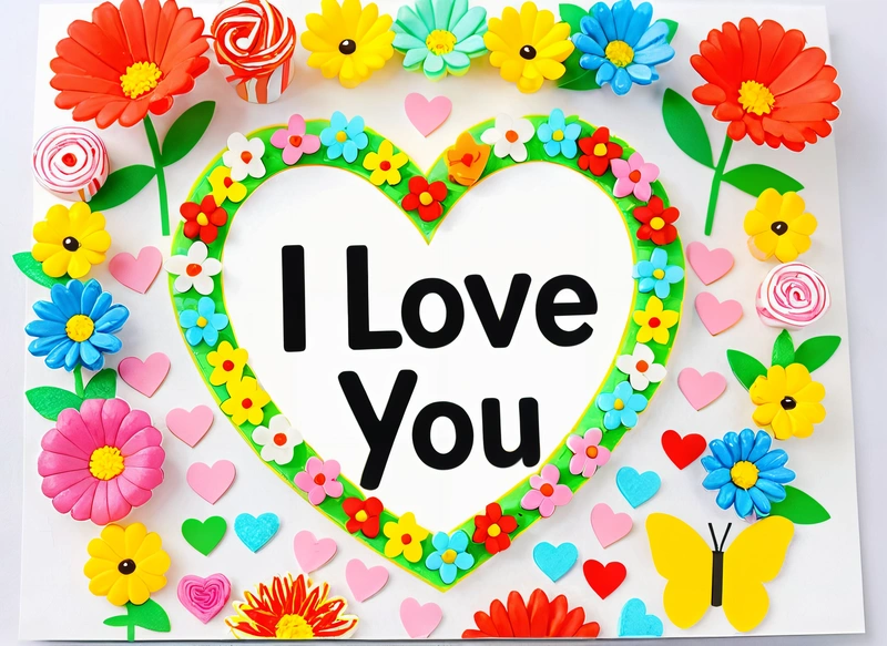 A card with a heart shaped frame with flowers and a candy bar in the middle of it that says i love you on it, surrounded by flowers and a candy bar, love, a cross stitch, naive art