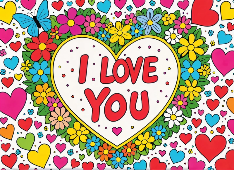 A heart with flowers and butterflies on it with the words i love you written in the center of the heart and the words i love you written in the middle, love, a pop art painting, naive art